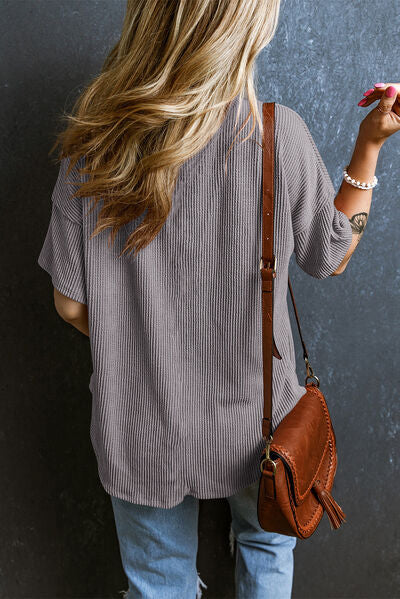 Textured V-Neck Dropped Shoulder T-Shirt - Image 20