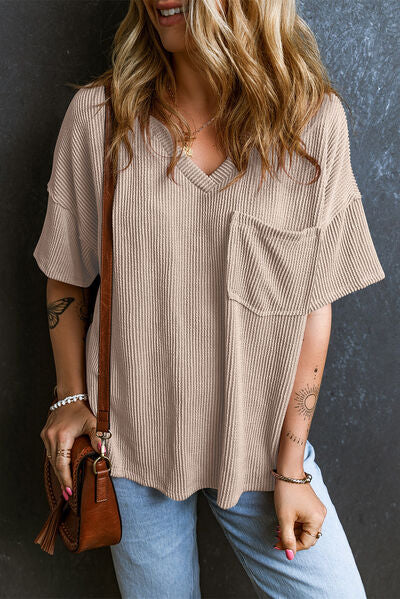 Textured V-Neck Dropped Shoulder T-Shirt - Image 23