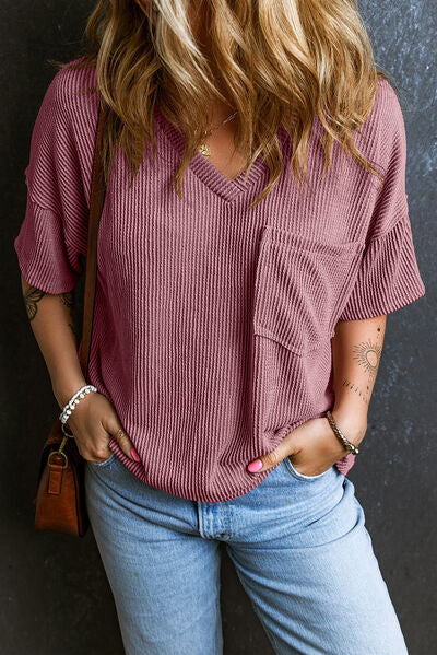 Textured V-Neck Dropped Shoulder T-Shirt - Image 25