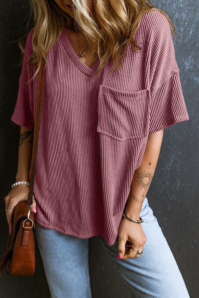 Textured V-Neck Dropped Shoulder T-Shirt - Image 26