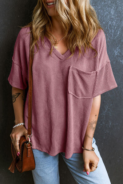 Textured V-Neck Dropped Shoulder T-Shirt - Image 27
