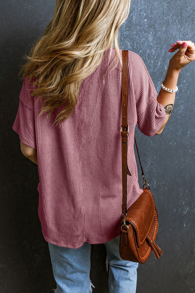 Textured V-Neck Dropped Shoulder T-Shirt - Image 28