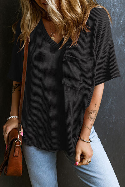 Textured V-Neck Dropped Shoulder T-Shirt - Image 3