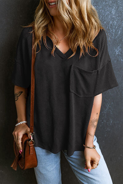 Textured V-Neck Dropped Shoulder T-Shirt - Image 4