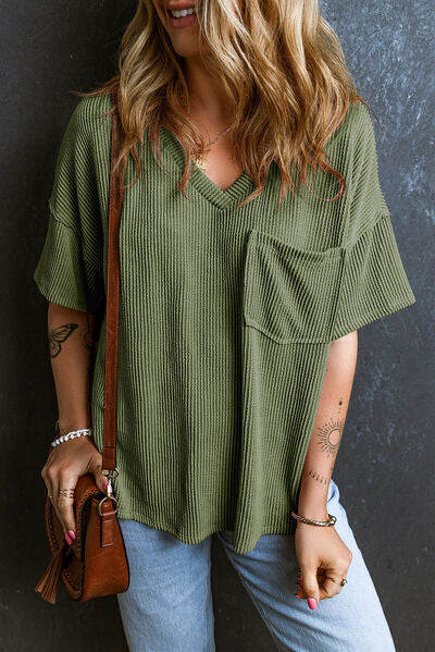 Textured V-Neck Dropped Shoulder T-Shirt - Image 5