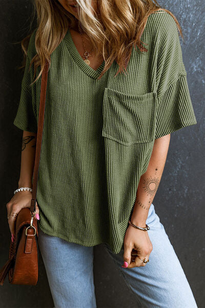 Textured V-Neck Dropped Shoulder T-Shirt - Image 7