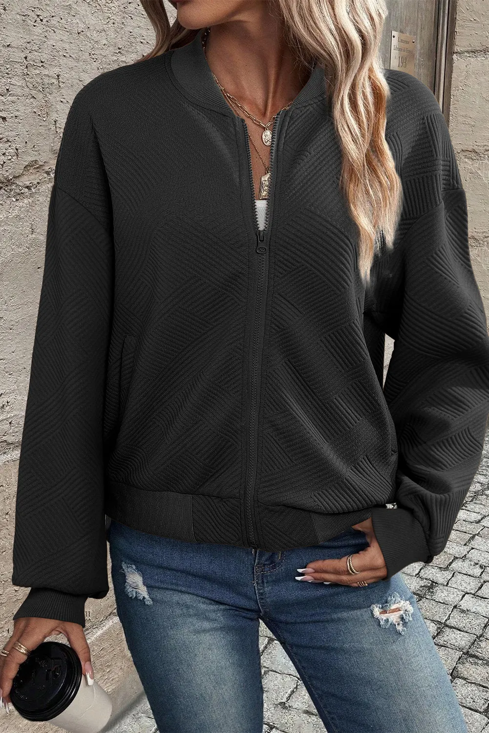Textured Zip Up Baseball Collar Jacket - Image 2