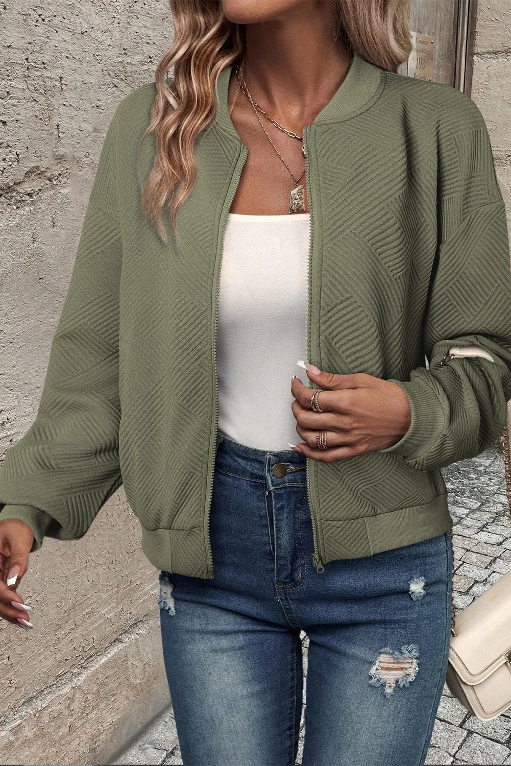 Textured Zip Up Baseball Collar Jacket - Image 5