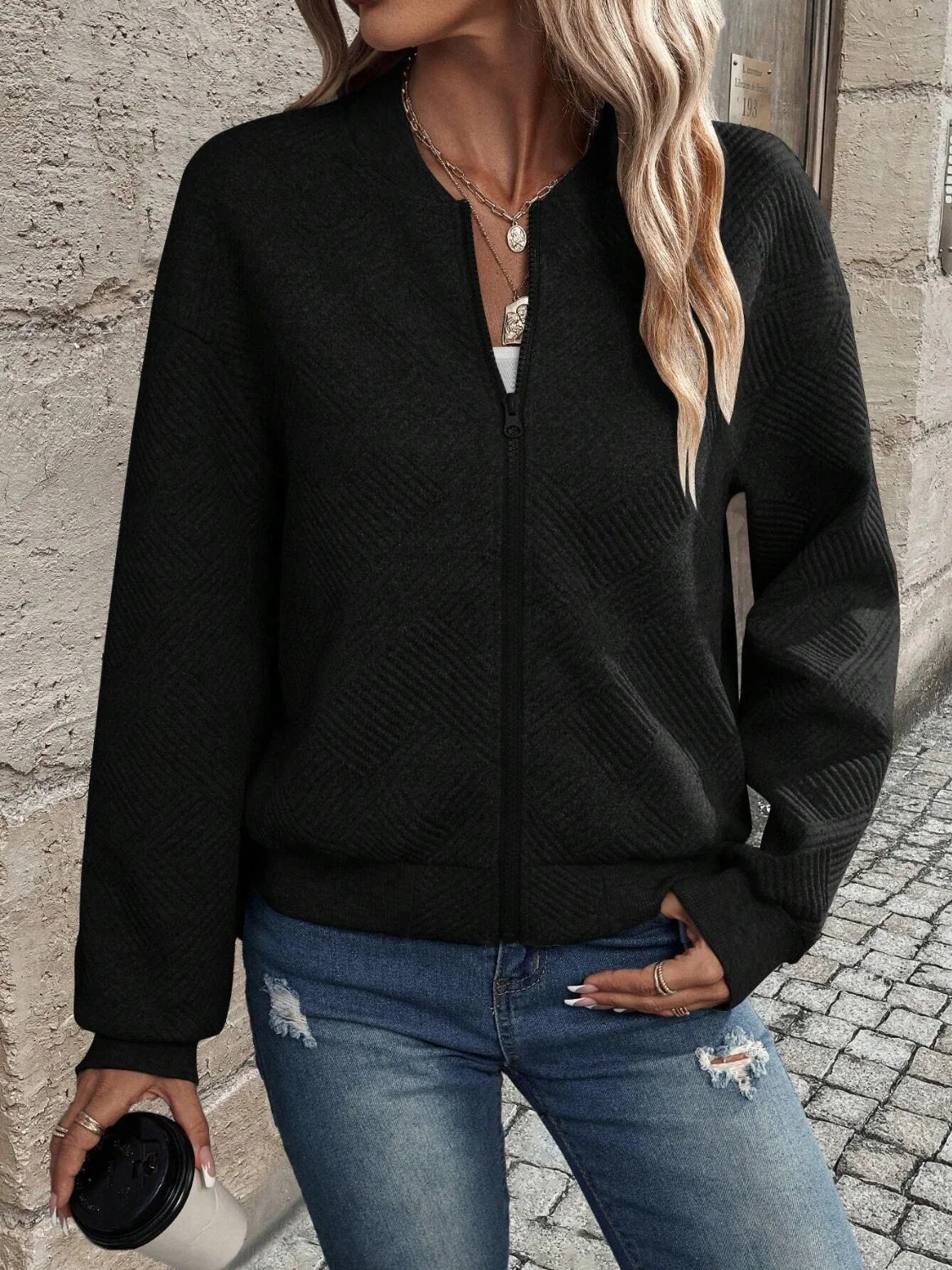 Textured Zip Up Long Sleeve Jacket - Image 12