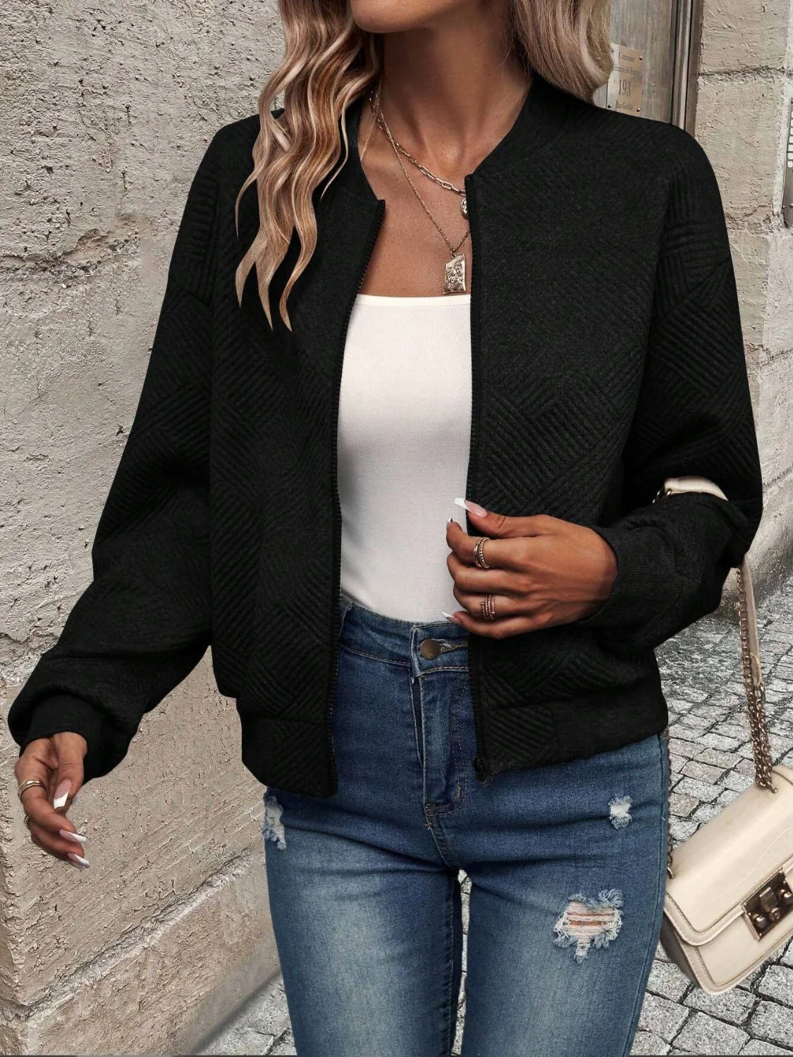 Textured Zip Up Long Sleeve Jacket - Image 16