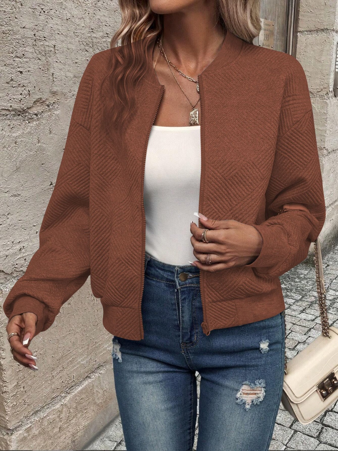 Textured Zip Up Long Sleeve Jacket - Image 18