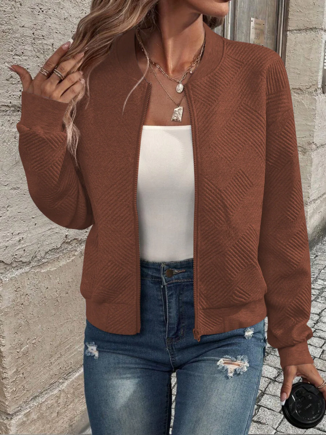 Textured Zip Up Long Sleeve Jacket - Image 19