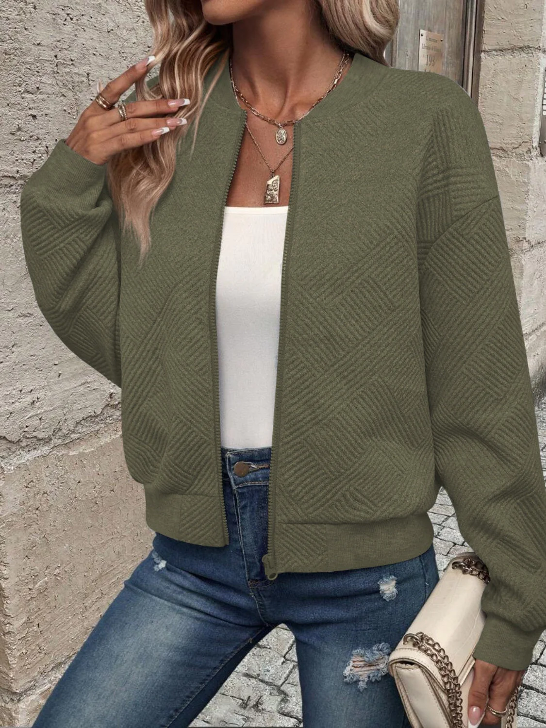 Textured Zip Up Long Sleeve Jacket - Image 23