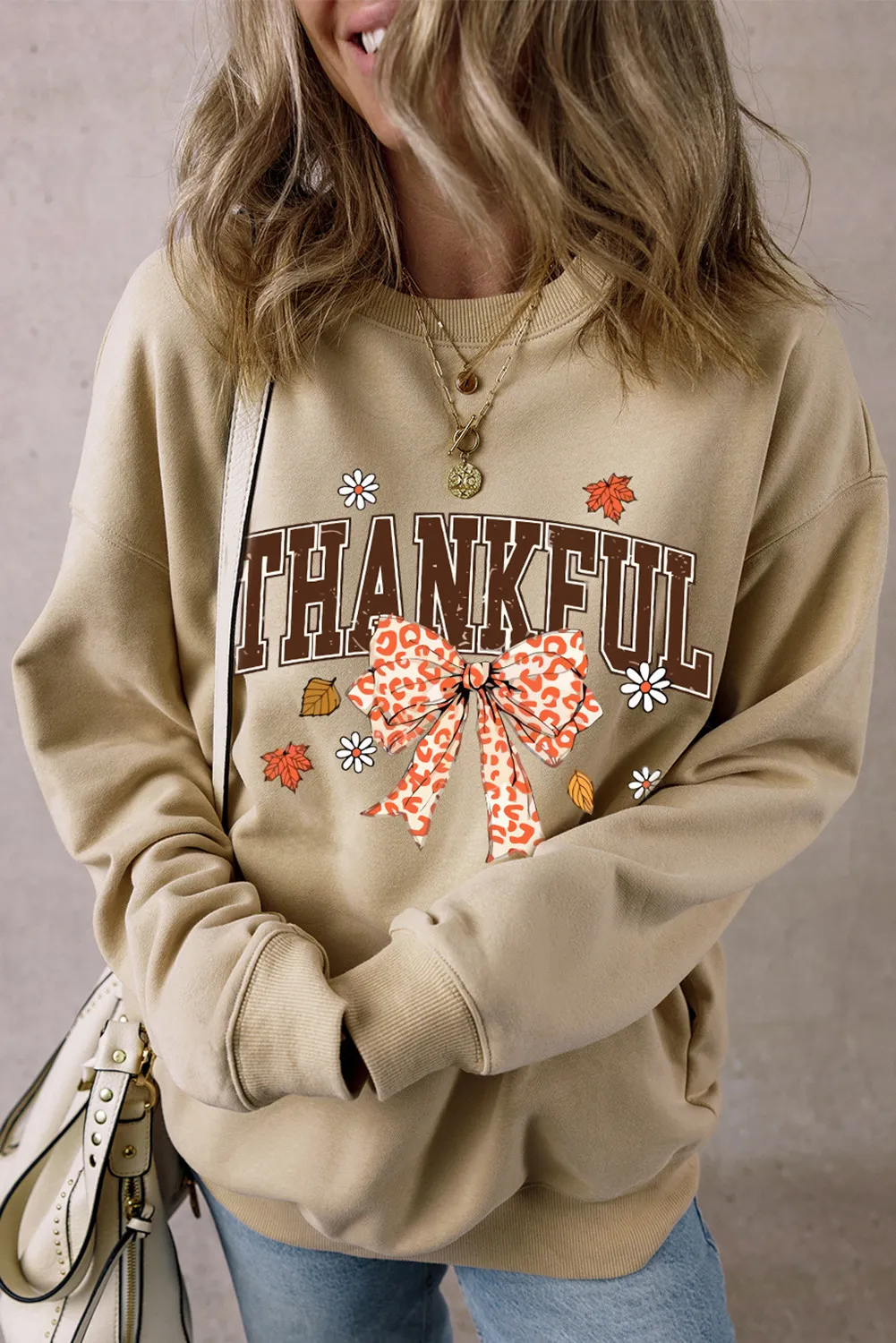 THANKFUL Bow Round Neck Long Sleeve Sweatshirt - Image 3