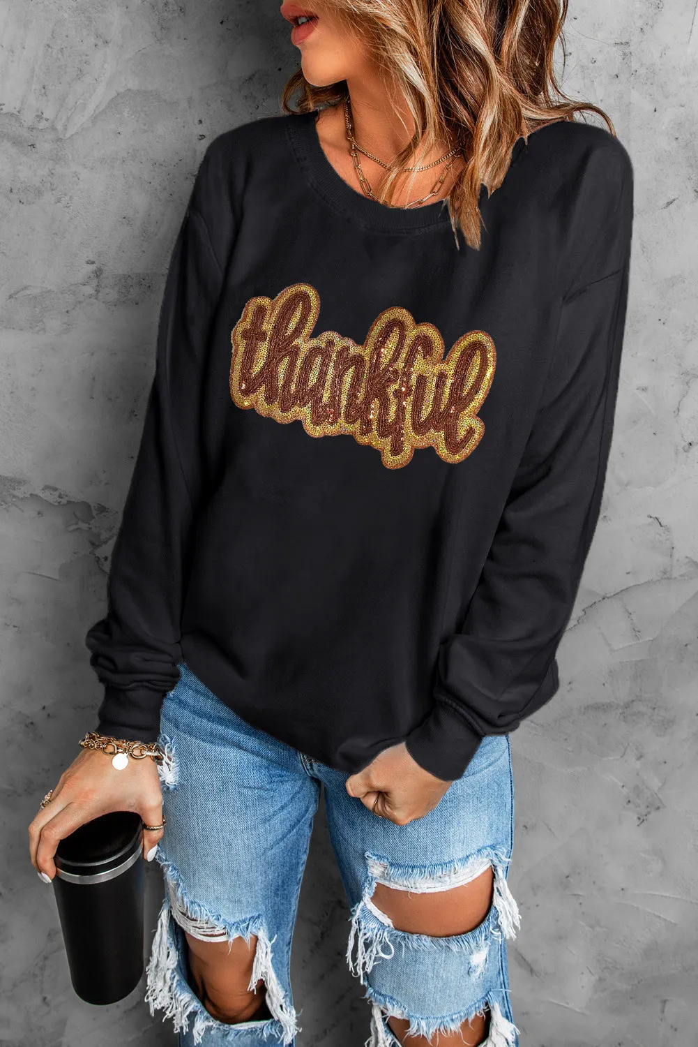 THANKFUL Round Neck Long Sleeve Sweatshirt - Image 2