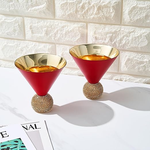 The Wine Savant Diamond Studded Martini Glasses Set of 2 Matte Red & Gold Modern Cocktail Glass, Rhinestone Diamonds With Stemless Crystal Ball Base, Bar or Party 10.5oz, Swarovski Style Crystals by The Wine Savant - Image 3