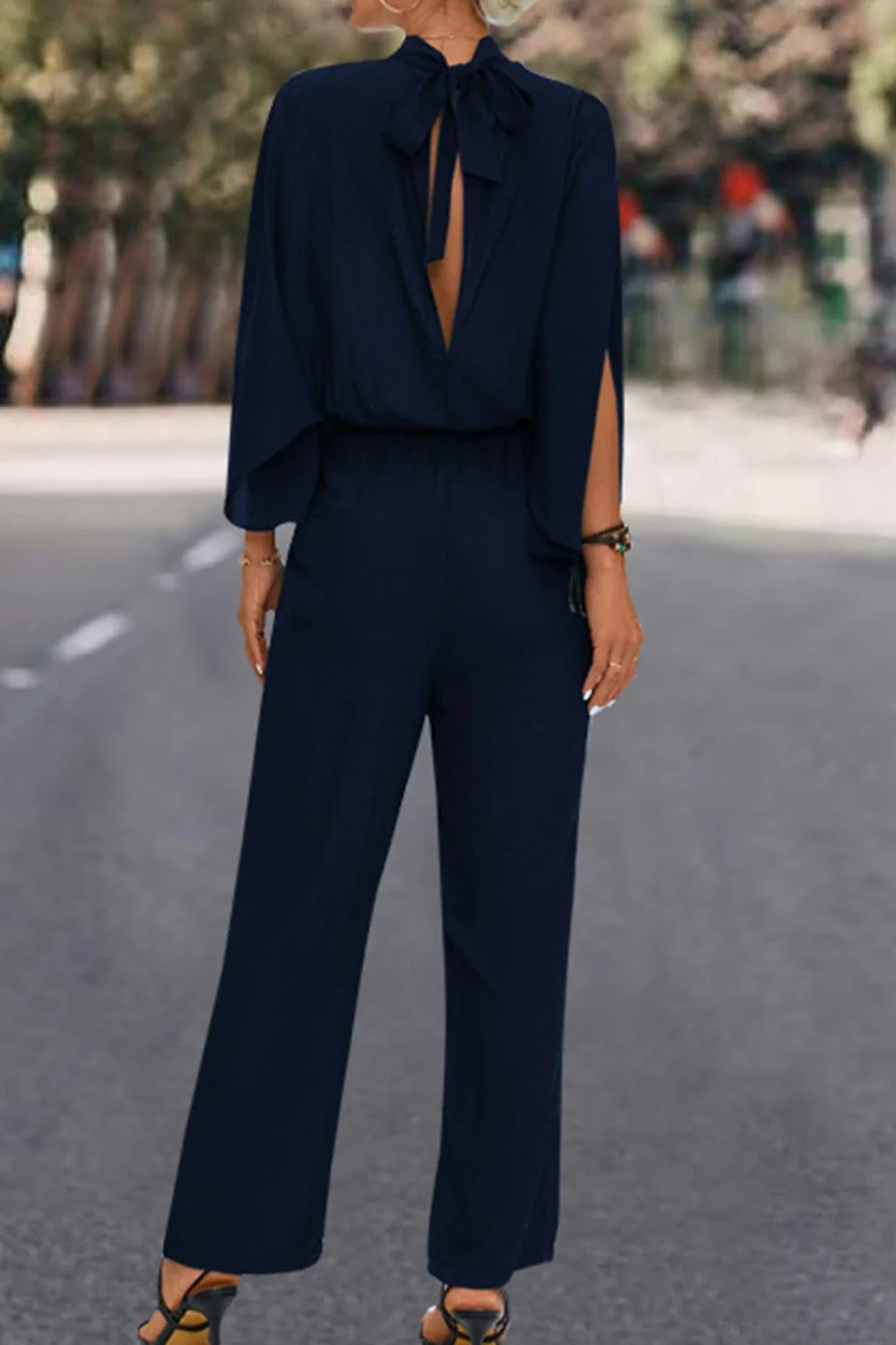 Tie Back Mock Neck Split Sleeve Jumpsuit - Image 2