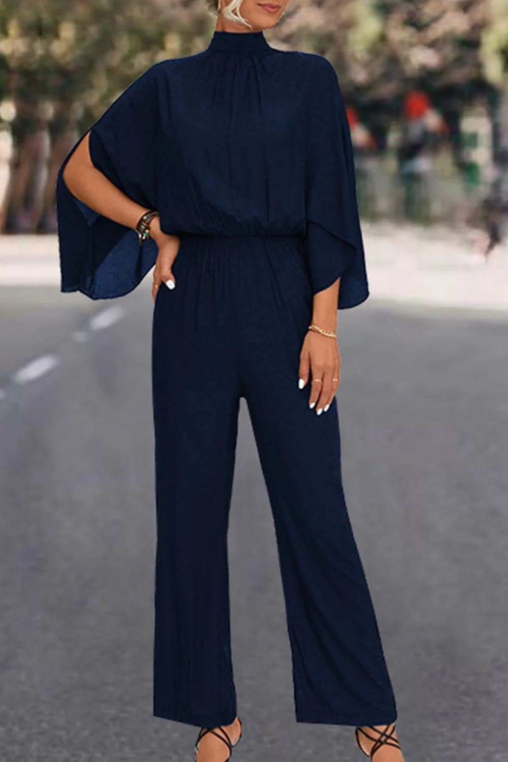 Tie Back Mock Neck Split Sleeve Jumpsuit - Image 3