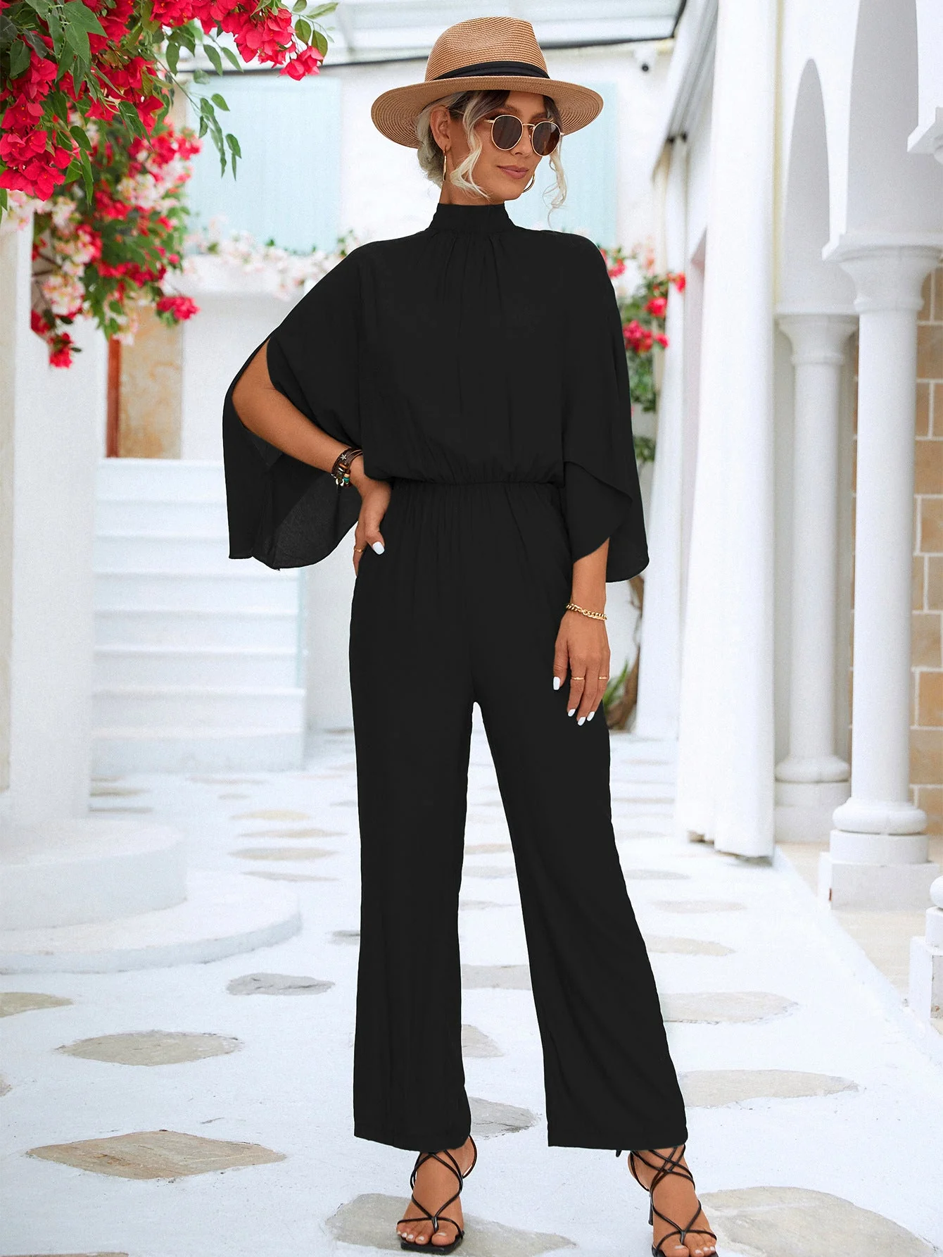 Tie Back Mock Neck Split Sleeve Jumpsuit - Image 4