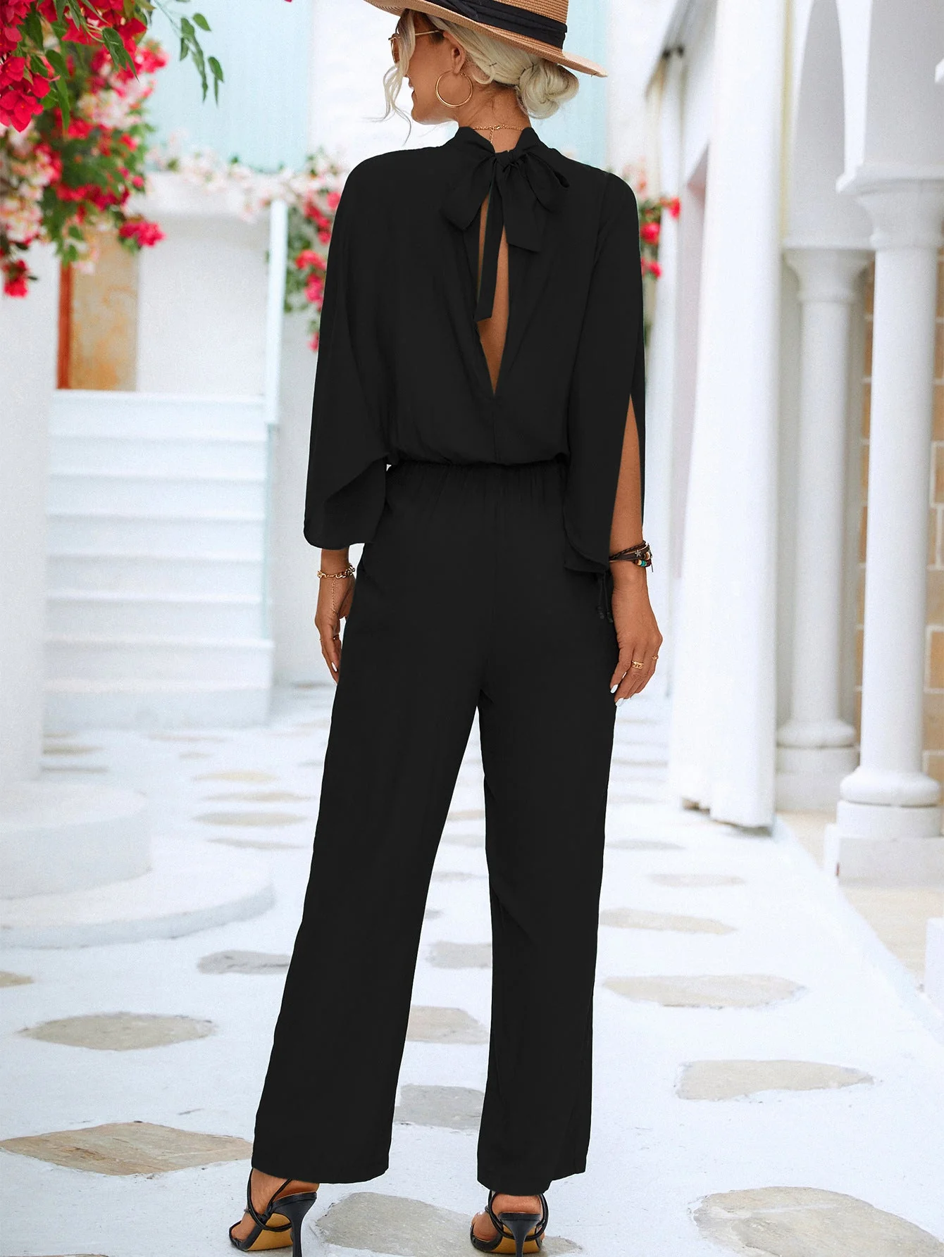 Tie Back Mock Neck Split Sleeve Jumpsuit - Image 6