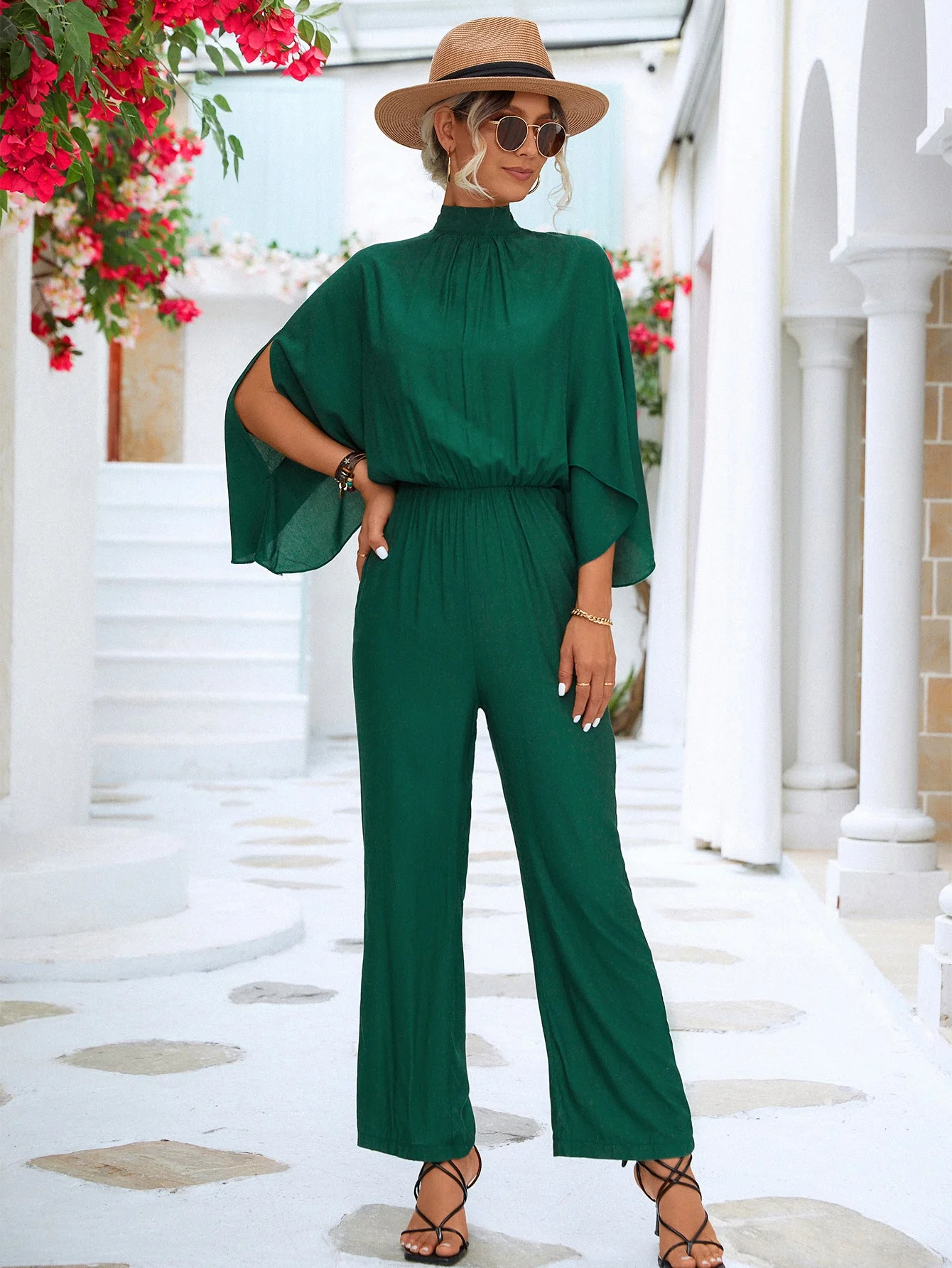 Tie Back Mock Neck Split Sleeve Jumpsuit - Image 7