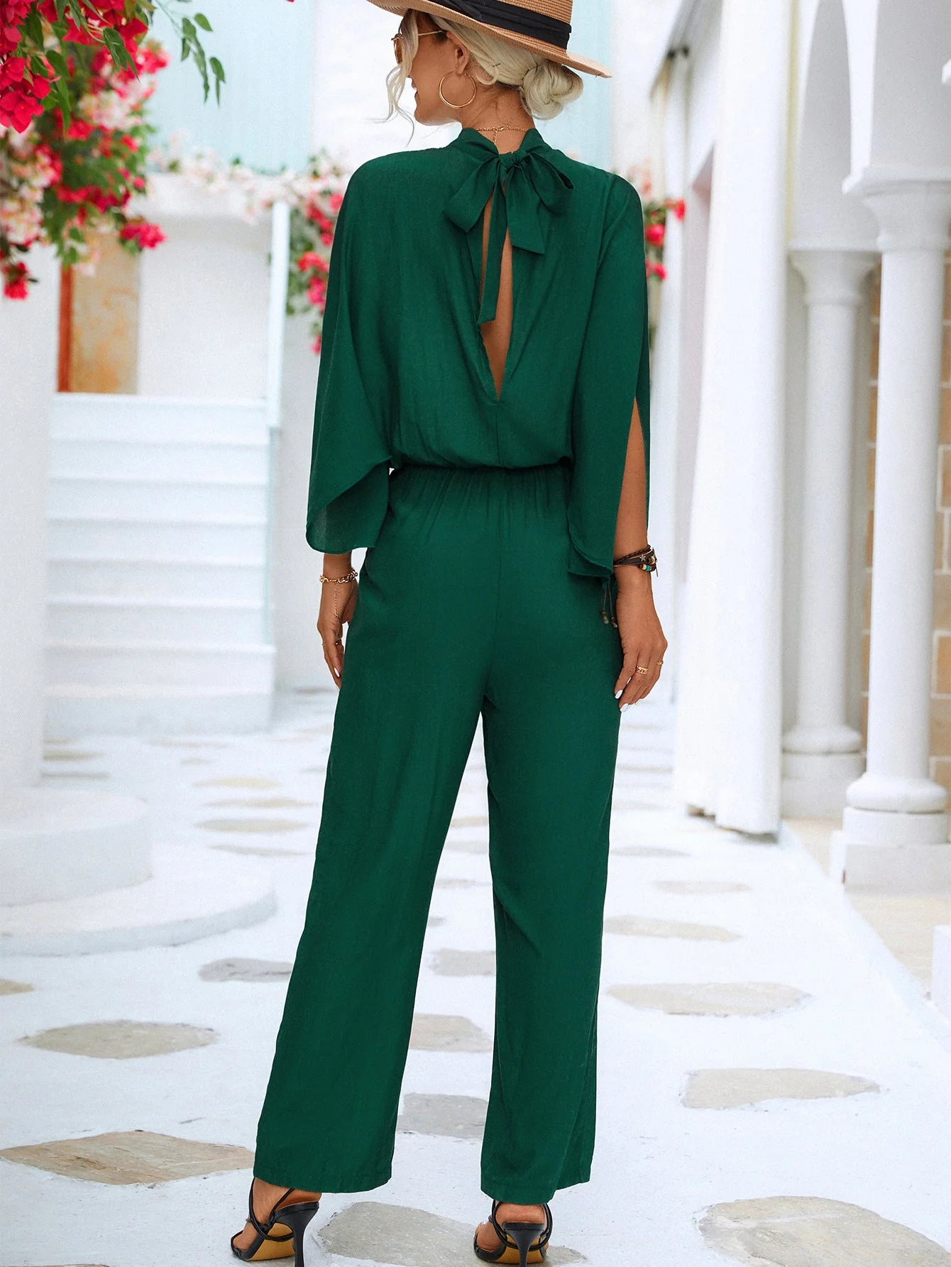 Tie Back Mock Neck Split Sleeve Jumpsuit - Image 9