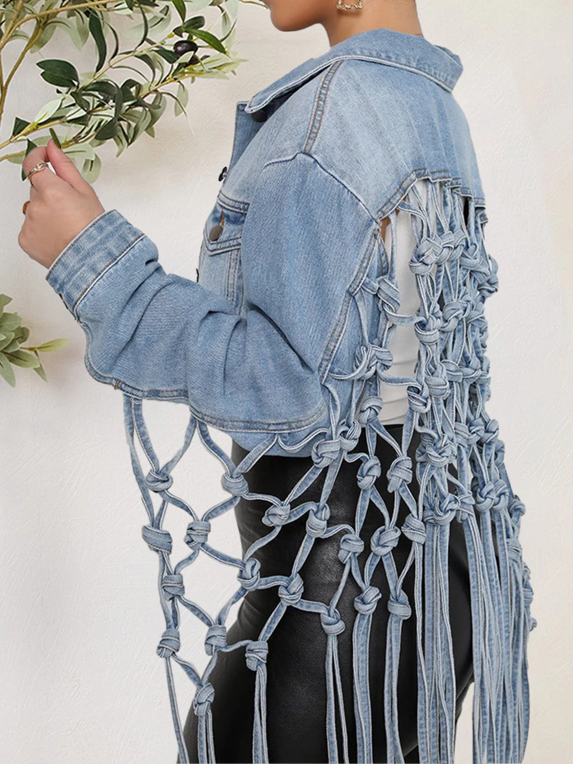 Tie Detail Button Up Denim Jacket with Pockets - Image 3