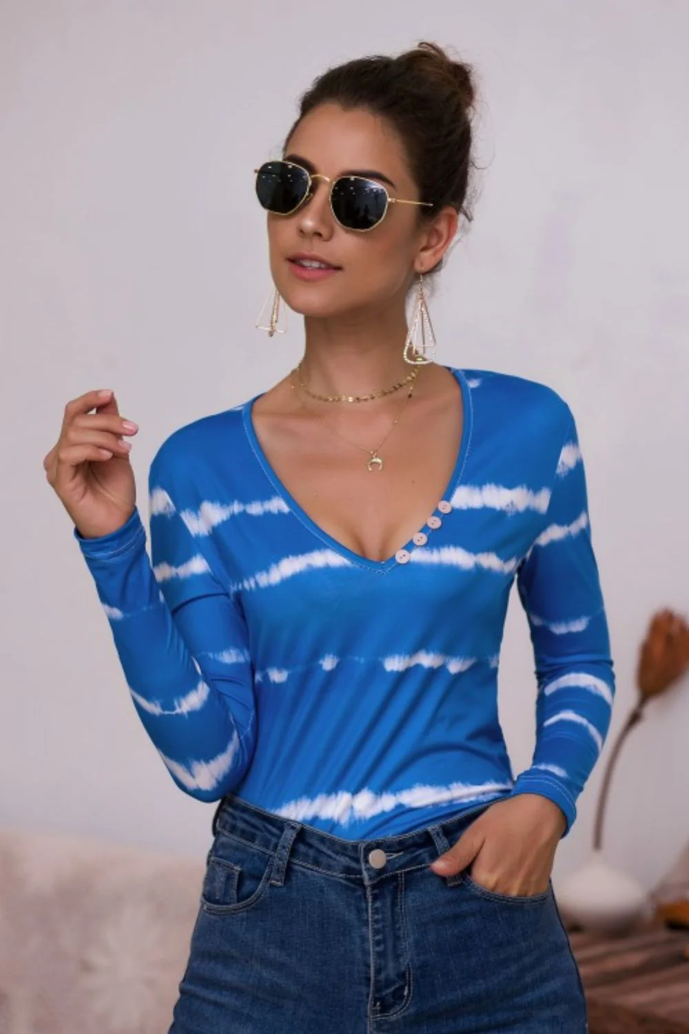 Tie-Dye Plunge Long Sleeve Top - Image 10