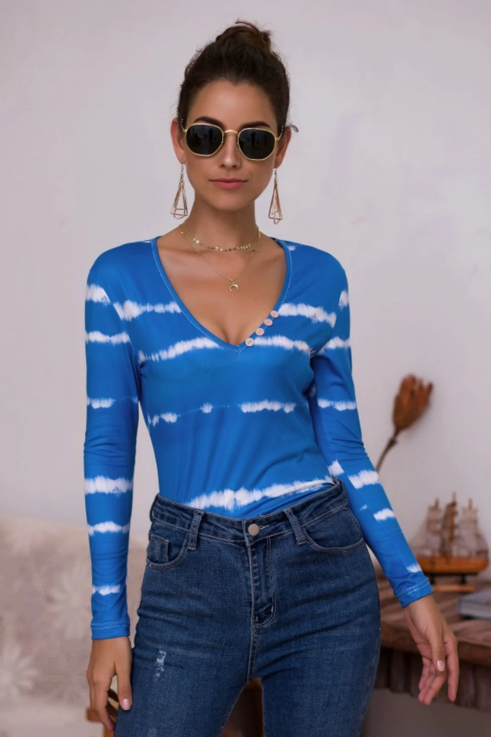 Tie-Dye Plunge Long Sleeve Top - Image 11
