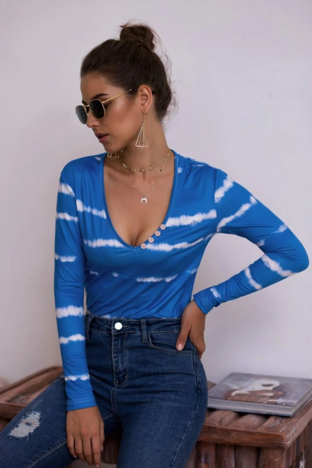 Tie-Dye Plunge Long Sleeve Top - Image 12