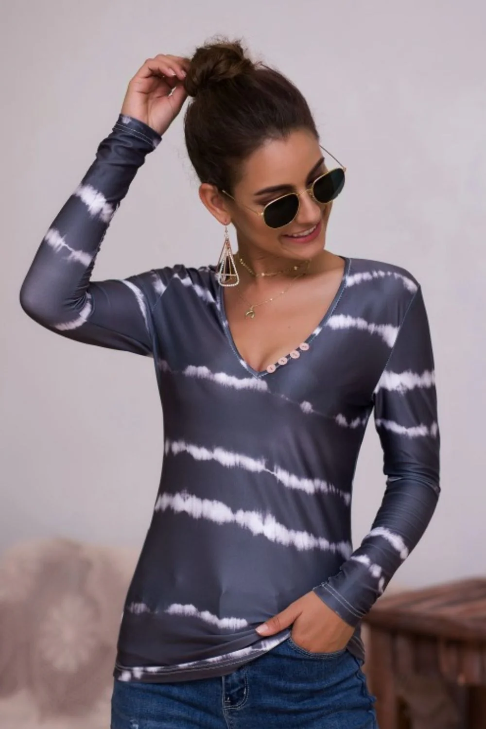 Tie-Dye Plunge Long Sleeve Top - Image 13