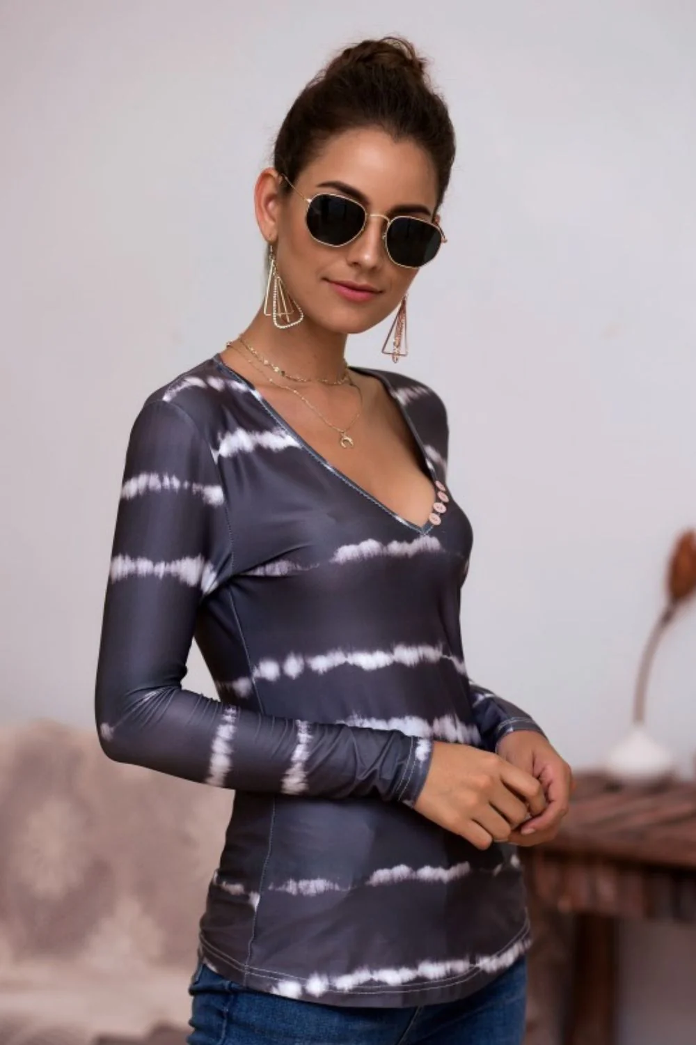 Tie-Dye Plunge Long Sleeve Top - Image 14