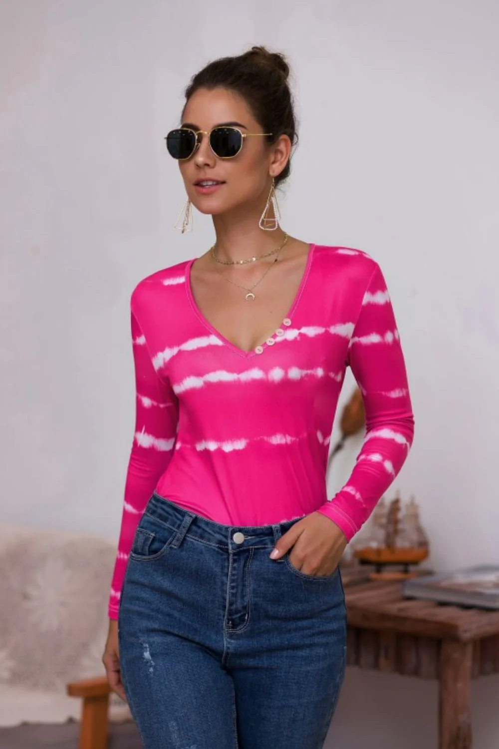 Tie-Dye Plunge Long Sleeve Top - Image 2