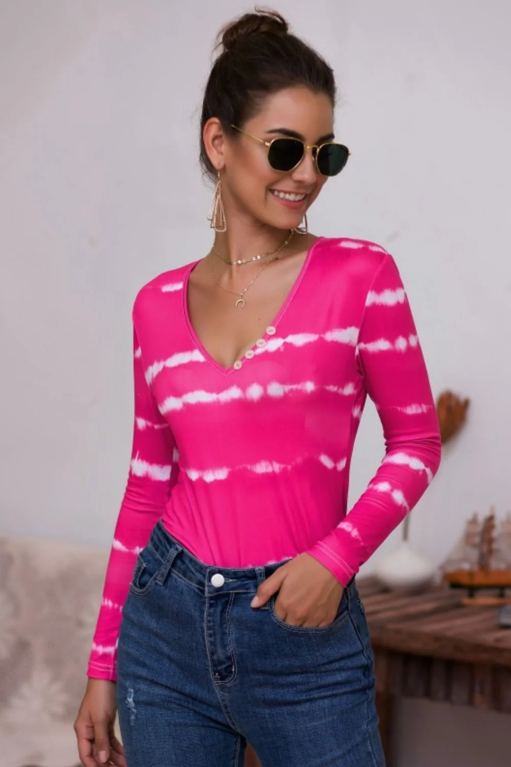 Tie-Dye Plunge Long Sleeve Top - Image 3