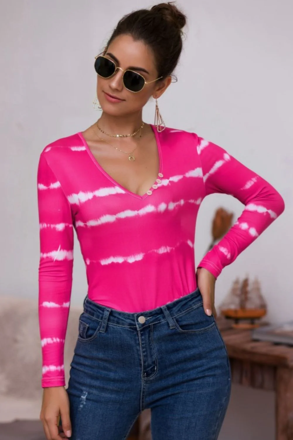 Tie-Dye Plunge Long Sleeve Top - Image 4