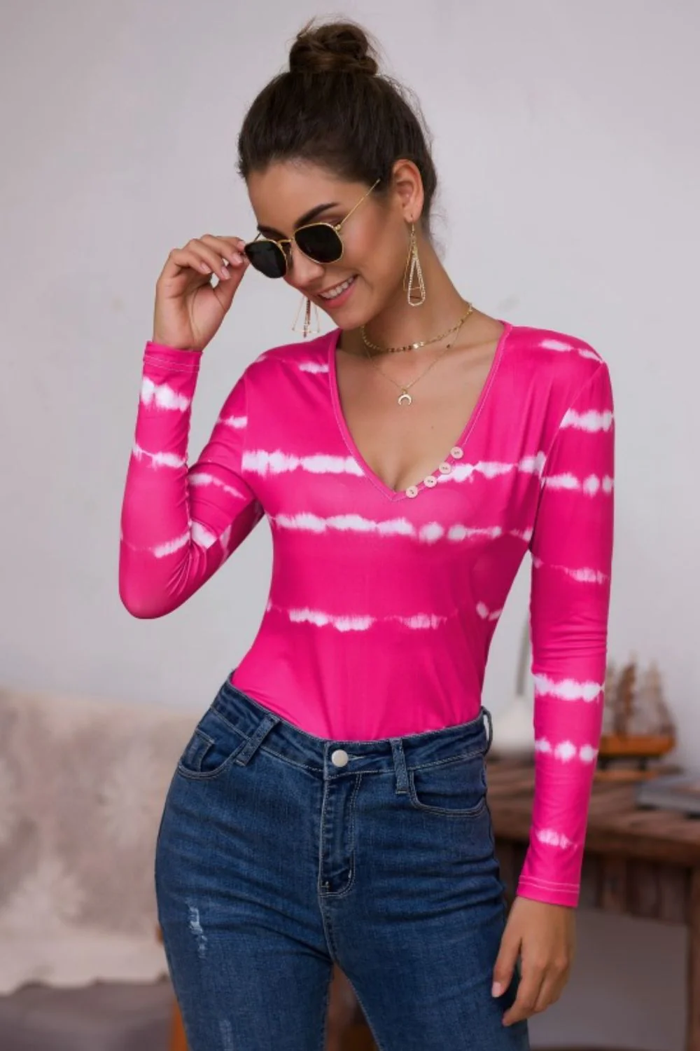Tie-Dye Plunge Long Sleeve Top - Image 5