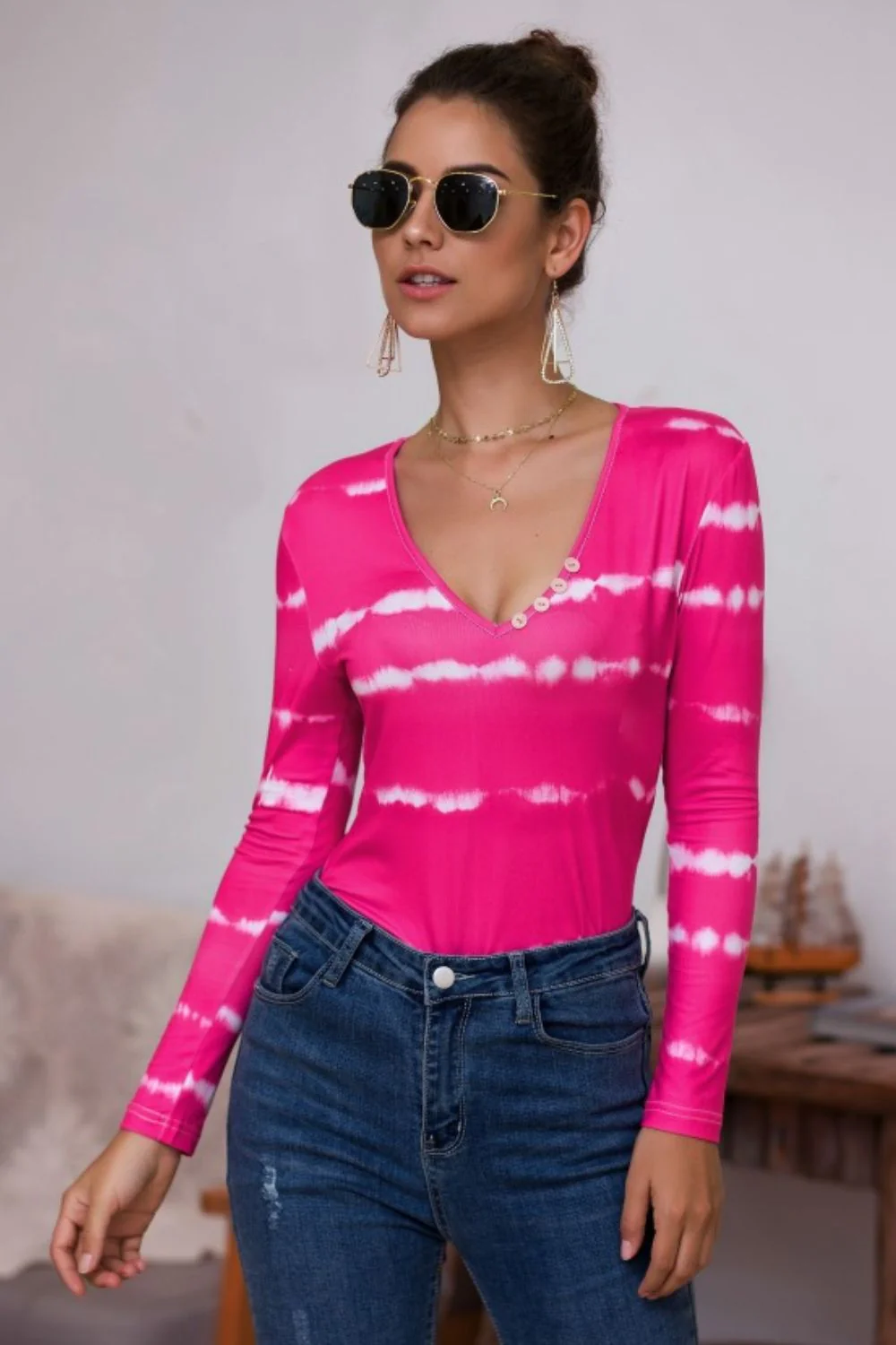 Tie-Dye Plunge Long Sleeve Top - Image 6