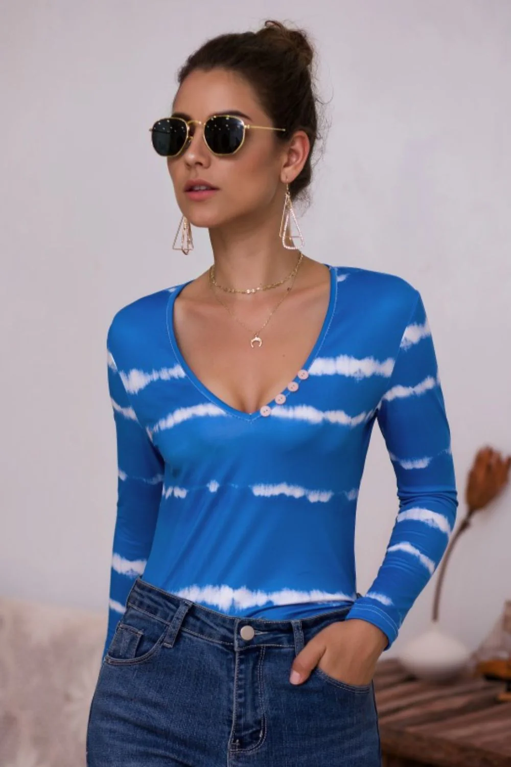 Tie-Dye Plunge Long Sleeve Top - Image 8