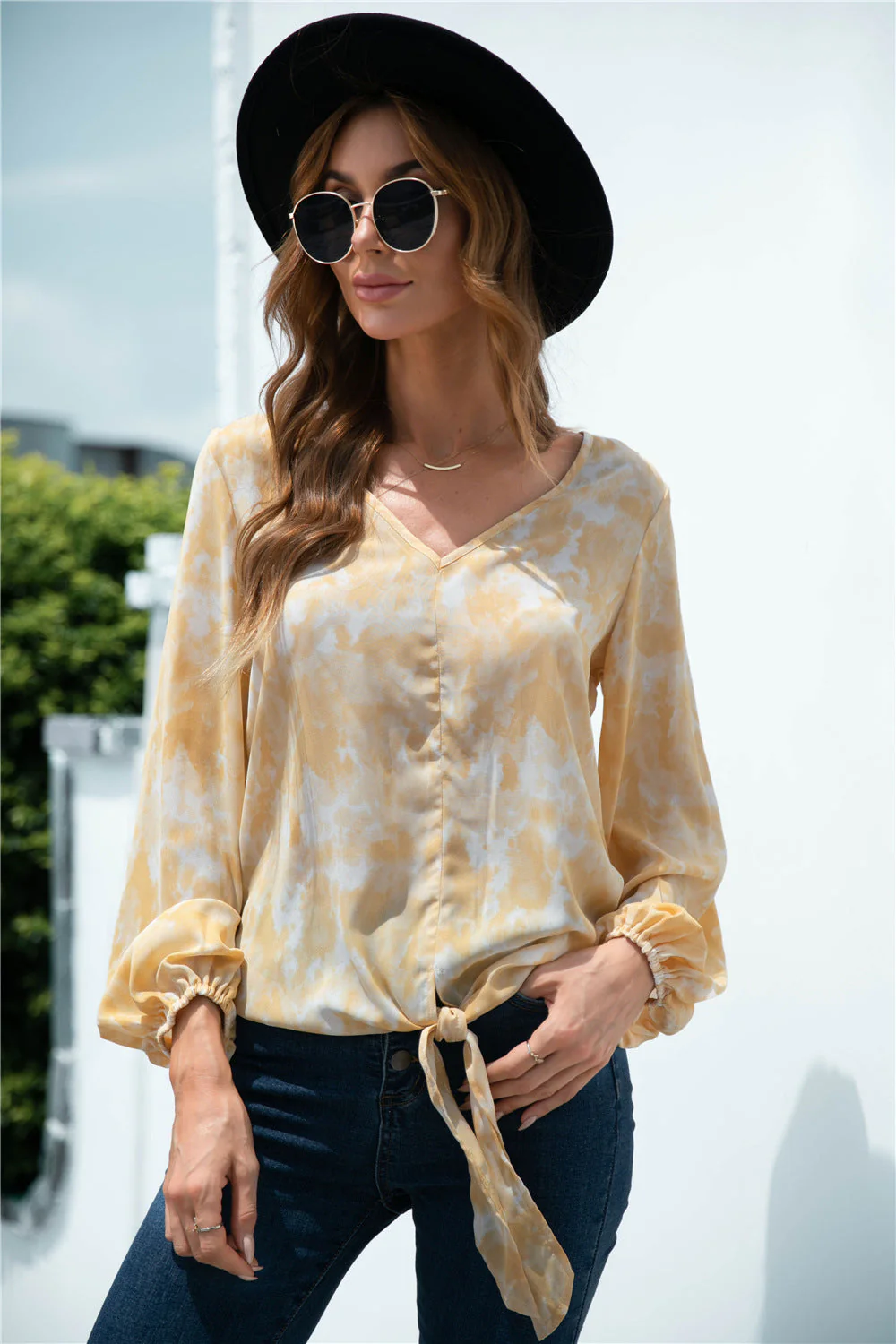 Tie-Dye Tied Balloon Sleeve Blouse - Image 3