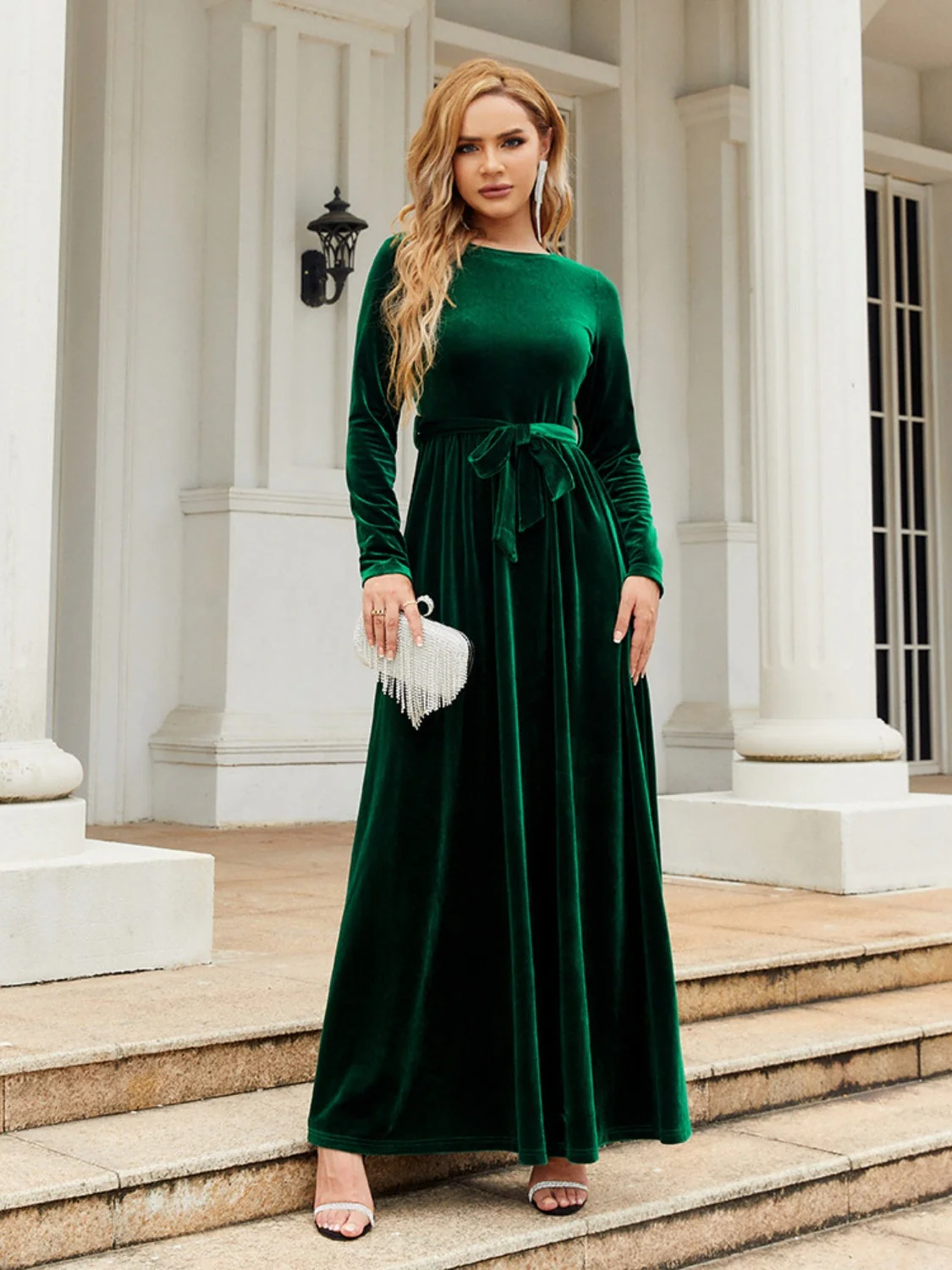 Tie Front Round Neck Long Sleeve Maxi Dress - Image 10