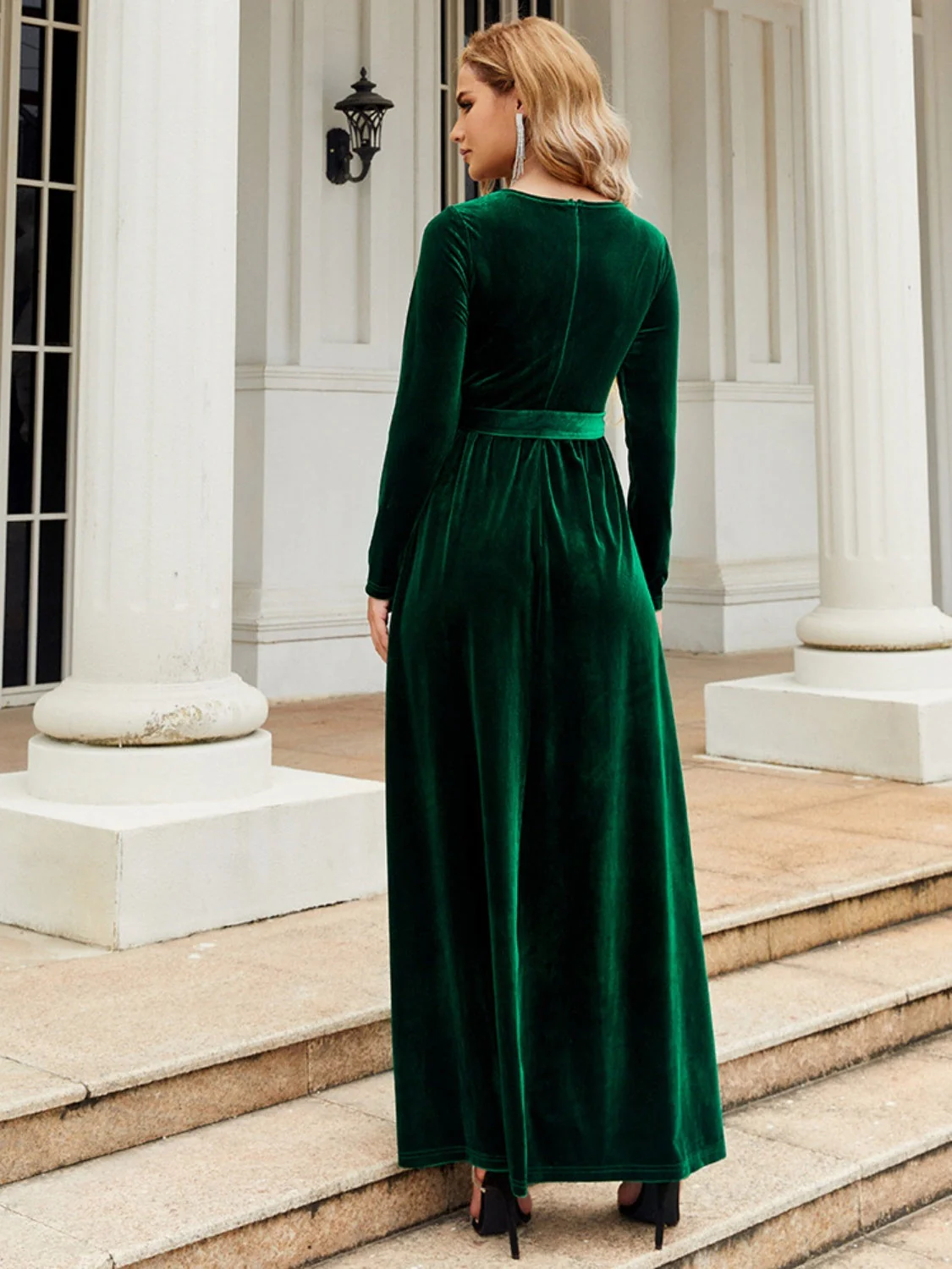 Tie Front Round Neck Long Sleeve Maxi Dress - Image 11