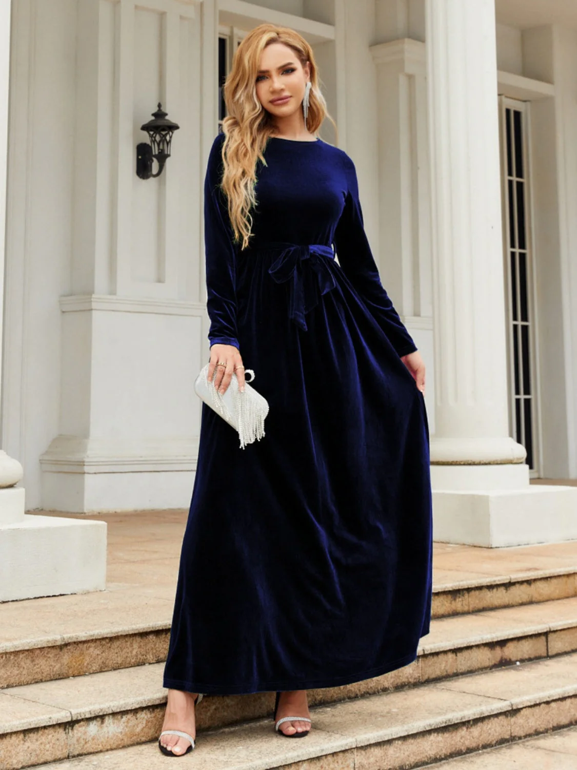 Tie Front Round Neck Long Sleeve Maxi Dress - Image 12