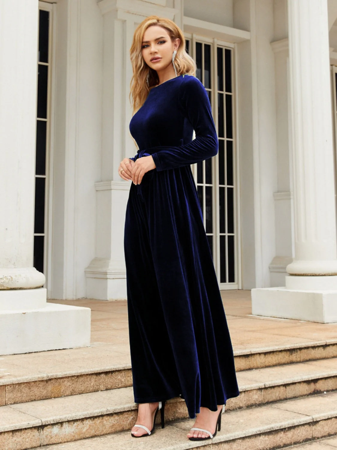 Tie Front Round Neck Long Sleeve Maxi Dress - Image 13