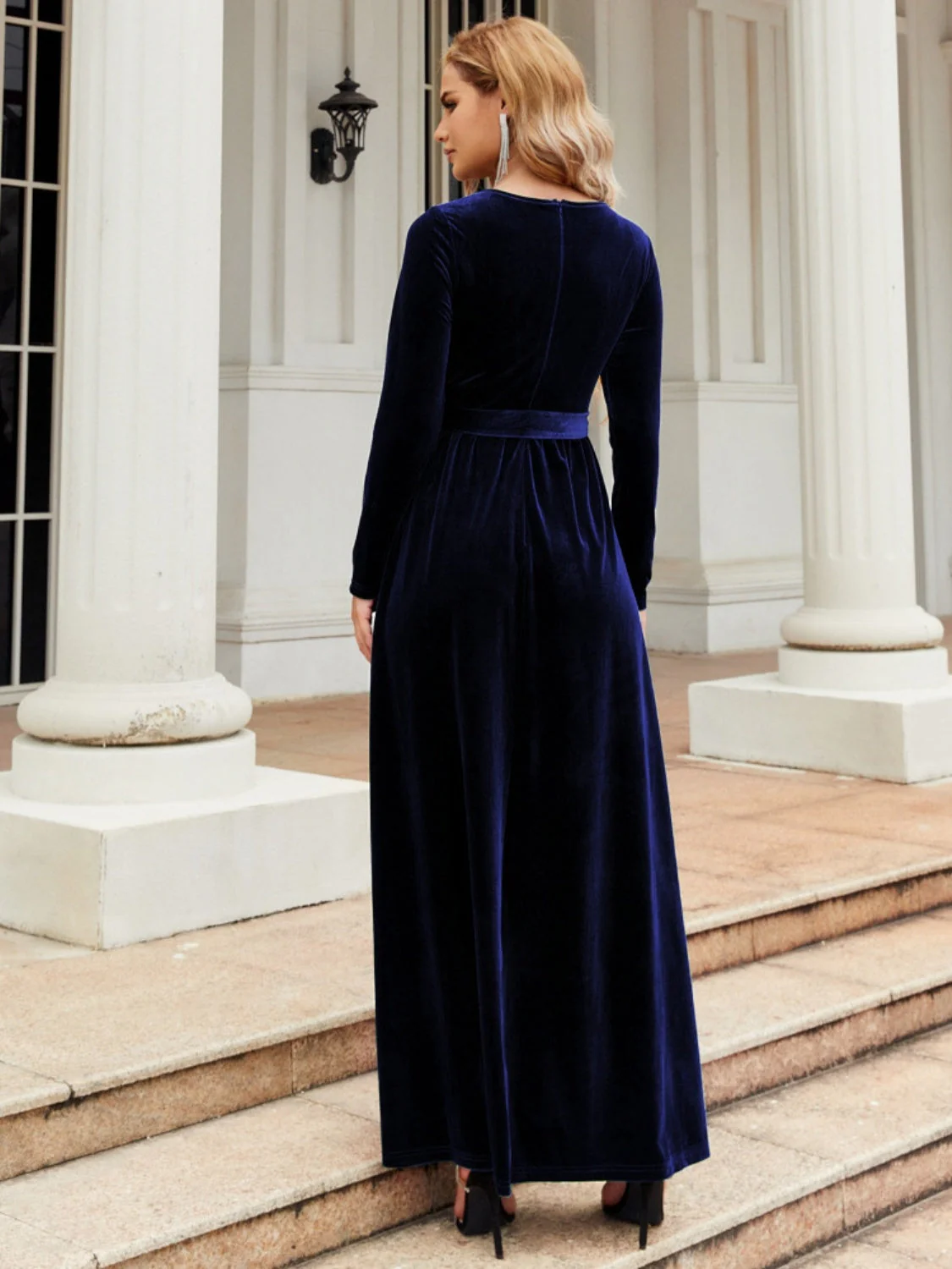 Tie Front Round Neck Long Sleeve Maxi Dress - Image 14
