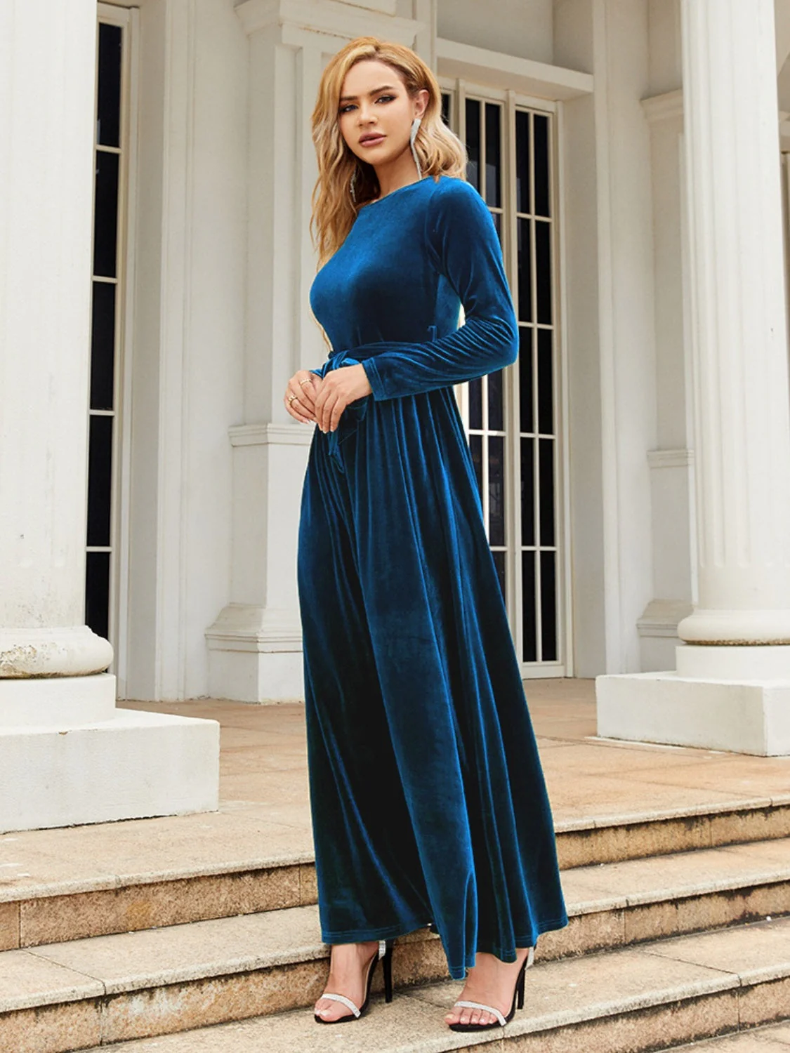 Tie Front Round Neck Long Sleeve Maxi Dress - Image 15