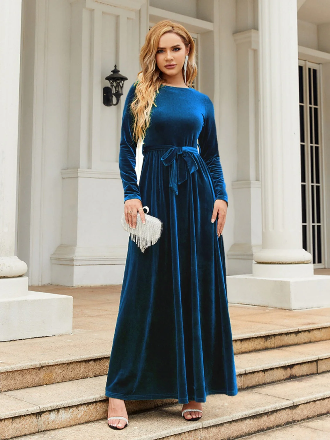 Tie Front Round Neck Long Sleeve Maxi Dress - Image 16