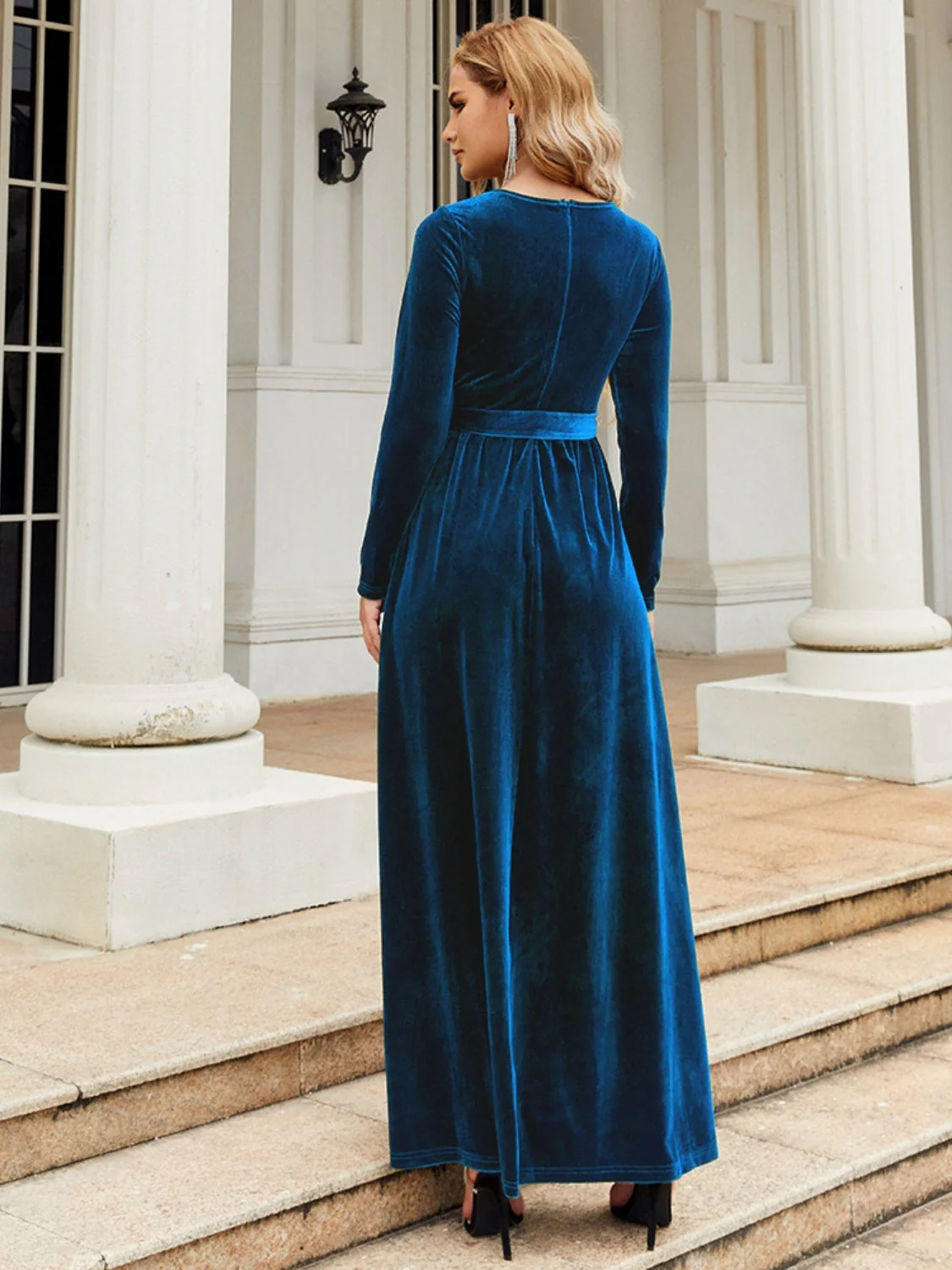 Tie Front Round Neck Long Sleeve Maxi Dress - Image 17