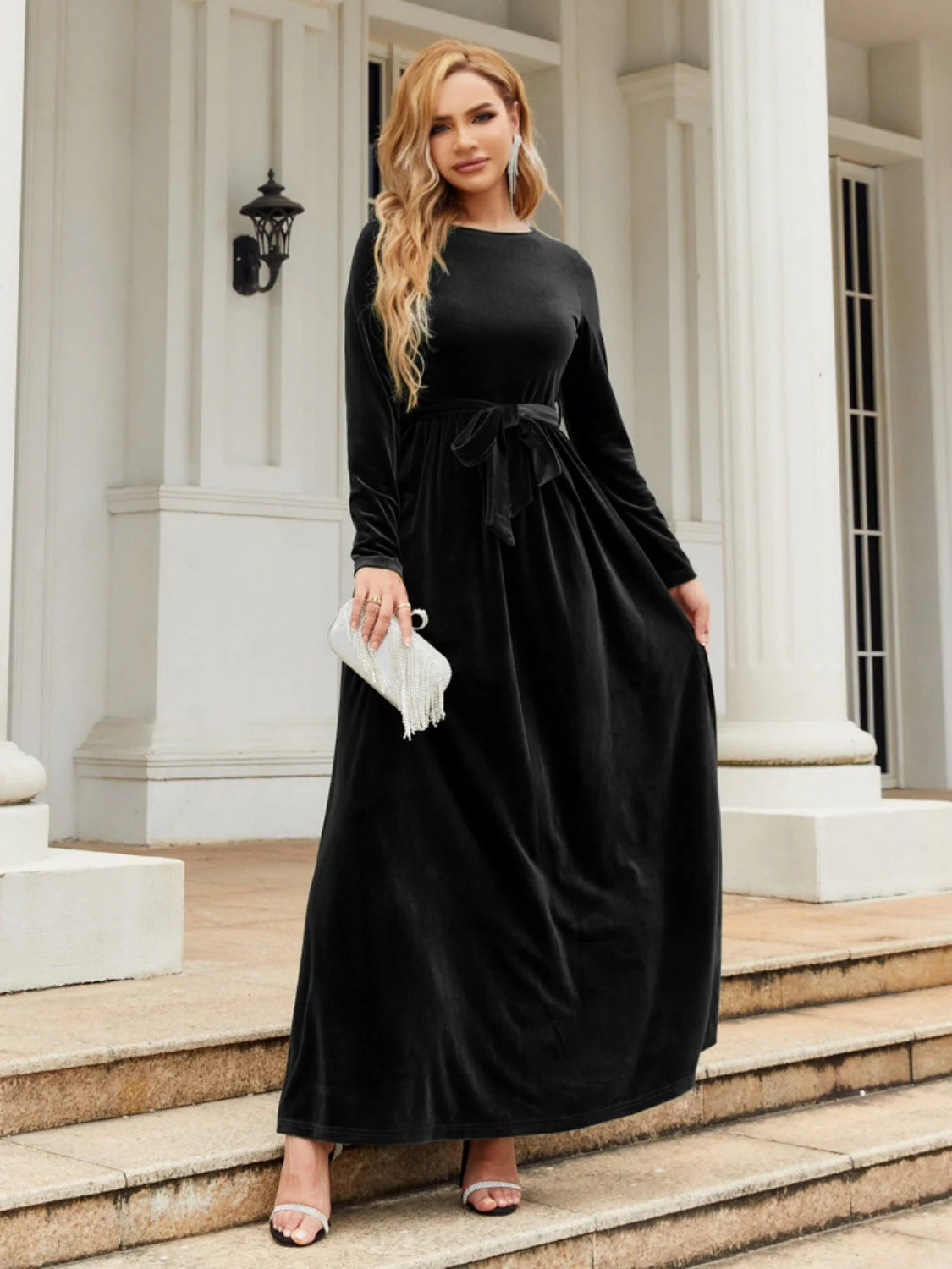 Tie Front Round Neck Long Sleeve Maxi Dress - Image 18