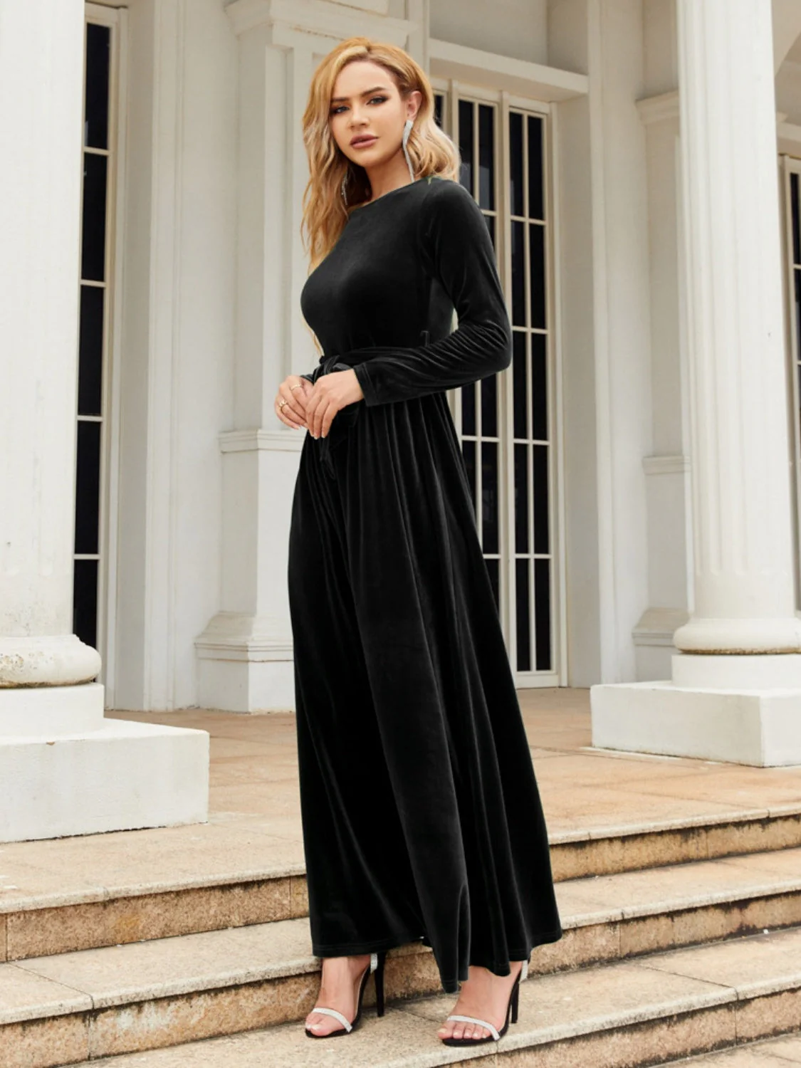 Tie Front Round Neck Long Sleeve Maxi Dress - Image 19