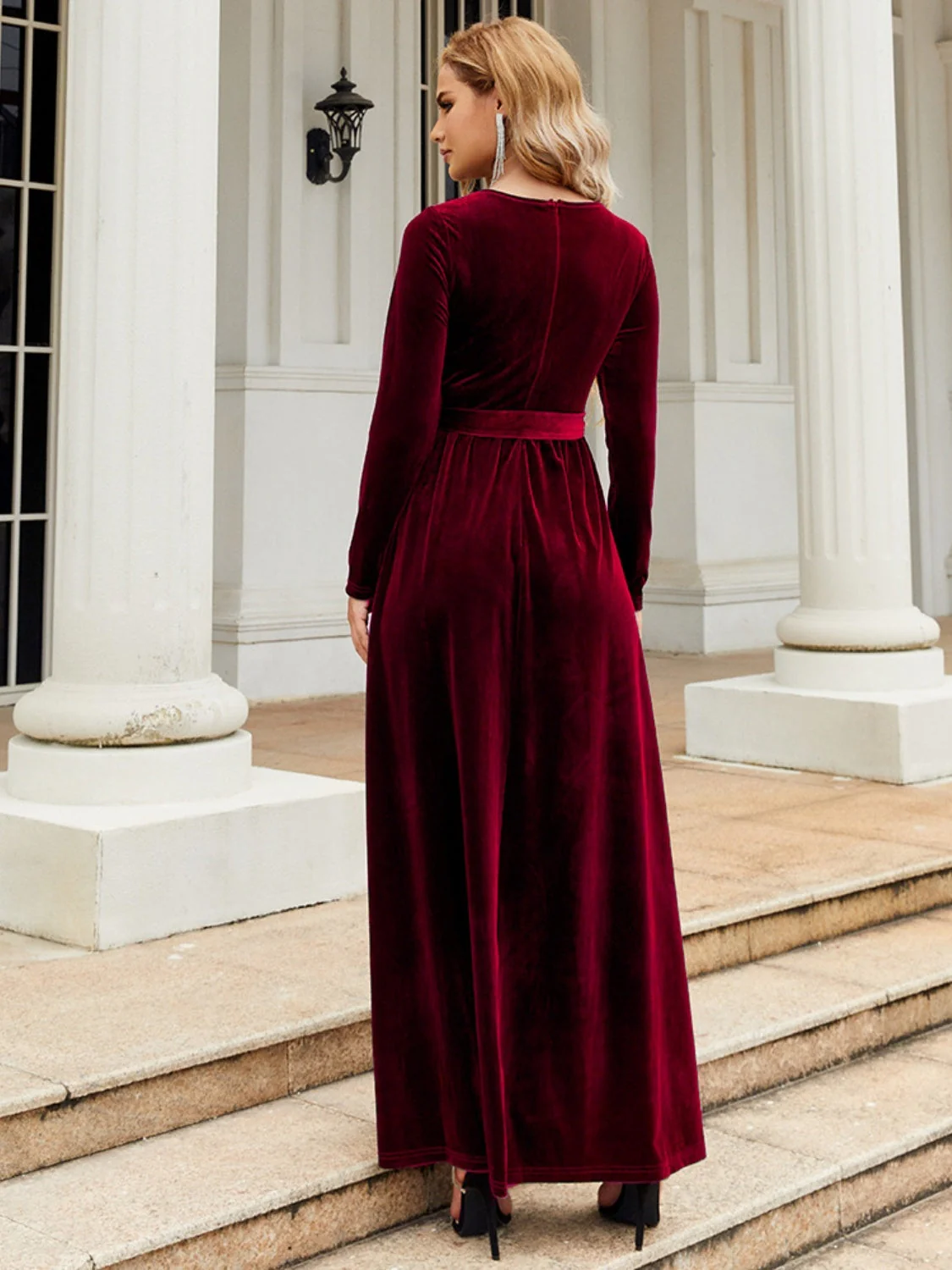 Tie Front Round Neck Long Sleeve Maxi Dress - Image 2